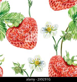 Nahtloses Erdbeermuster, Aquarellfarbe. Blumen, Blätter und Beeren. Vektorabbildung. Für Verpackungspapier, Stoff, Tapeten, Textilien, Abdeckungen, j Stock Vektor