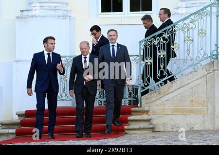 Emmanuel Macron, Olaf Scholz, Stéphane Séjourné, Christian Lindner, Robert Habeck und Christian Lindner beim Treffen des Deutsch-Französischen Ministerrats im Gästehaus der Bundesregierung Schloss Meseberg. Meseberg, 28.05.2024 Stockfoto