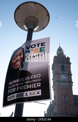 Stadtzentrum, Pietermaritzburg, KwaZulu-Natal, Südafrika, 20240527. FOTO: David A. Larsen. Wahlplakate im Vorfeld der Südafrikanischen Parlamentswahlen 2024. Die Wahlen von 2024 sind die bedeutendste seit der ersten freien und fairen demokratischen Wahl im Jahr 1994, da es sich als das erste Mal erweisen könnte, dass der Afrikanische Nationalkongress weniger als 50 % Mehrheit erreicht. Stockfoto