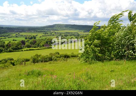 Ein Blick von Fackenden nach Westen über das Darent Valley in Richtung Knockholt, Halstead, Westerham und das Vale of Holmesdale an einem windigen Maitag Stockfoto