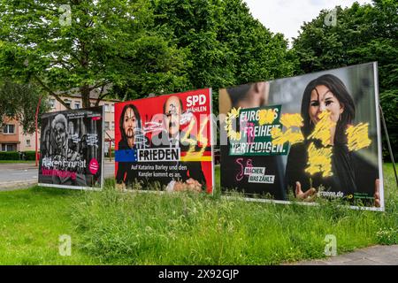 Graffigebundene Wahlplakate von FDP, SPD, Grünen, mit Symbolen und Slogans beschmiert, auf Friedr geschrieben, übergespritzt, teils mit rechten Slogans Stockfoto