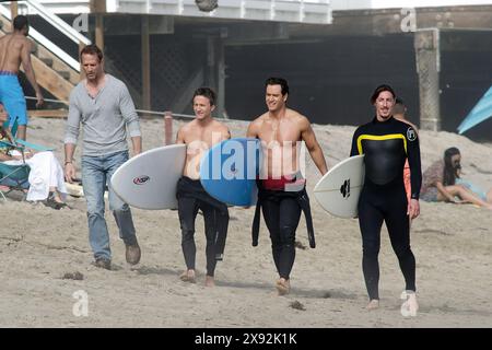 Mark-Paul Gosselaar, Breckin Meyer, Reed Diamond und die Besetzung Franklin & Bash in Malibu am 12. März 2013. Stockfoto