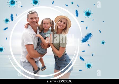 Glückliche Familie mit starker Immunität in der Nähe des Meeres. Blase um sie herum und blockiert Viren, Illustration Stockfoto