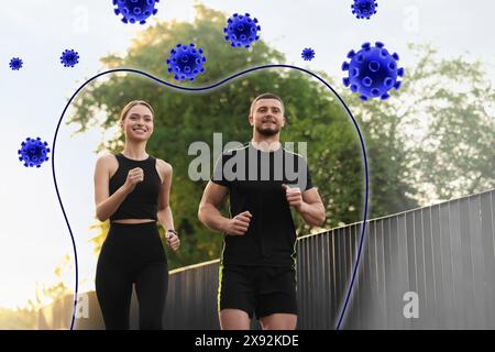 Ein Paar mit starker Immunität, die draußen läuft. Umrisse um sie herum, die Viren blockieren, Abbildung Stockfoto