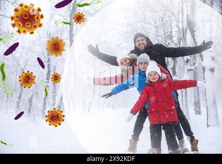 Familie verbringt Zeit im Freien am Wintertag. Blase um sie herum symbolisiert starke Immunität blockiert Viren, Illustration Stockfoto