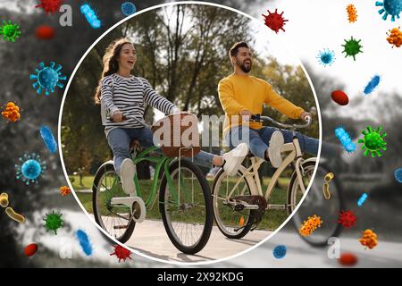 Paar mit starker Immunität Fahrräder im Freien fahren. Blase um sie herum und blockiert Viren, Illustration Stockfoto
