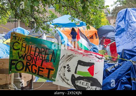 Detroit, Michigan, USA. Mai 2024. Ein Zeltlager, das von Studenten der Wayne State University in Solidarität mit den Opfern der israelischen Bombardements in Gaza errichtet wurde. Die Universität antwortete, indem sie den Unterricht bis auf weiteres ablehnte. Quelle: Jim West/Alamy Live News Stockfoto