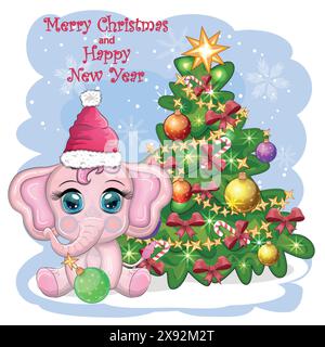 Niedlicher Cartoon-Elefant, kindische Figur in weihnachtsmannmütze mit Geschenk, weihnachtsball oder Zuckerrohr in der Nähe des weihnachtsbaums. Neues Jahr Stock Vektor