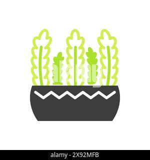 Topf mit organischen welligen Blättern, die wachsen, schwarze und grüne Linie Symbol Vektor Illustration Stock Vektor