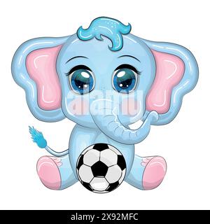 Süßer Cartoon-Elefant, Kinderfigur mit schönen Augen und Fußball, Spiele für Kinder und Erwachsene. Stock Vektor