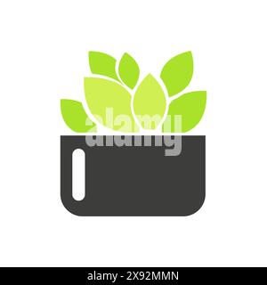 Viele Blätter von Haus Pflanze im Topf, schwarze und grüne Linie Symbol Vektor Illustration Stock Vektor