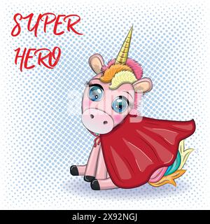 Niedliche Einhorn-Figur mit Umhang als Superheld. Illustration im Cartoon-Design Stock Vektor