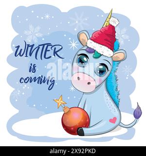 Cute Cartoon Einhorn in santa Hut mit Geschenk, weihnachtskugel, Süßigkeiten kane. Neujahr und Weihnachten. Stock Vektor