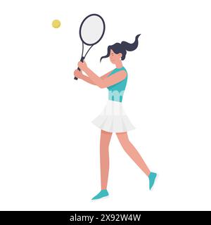 Frau mit Schläger, die Tennis spielt, Aktion des weiblichen Spielers, der Ball-Vektor-Illustration schlägt Stock Vektor