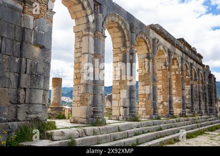 Die römische Ruine von Volubilis mit wunderschönen Mosaikfliesen in der Nähe von Meknes Marokko Stockfoto