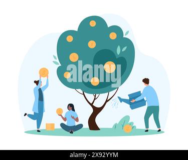 Finanzinvestitionen und Ersparniswachstum erhöhen Ertragsgewinne und Kapitalgewinne. Winzige Menschen mit Bewässerung können Geldbaum mit grünem Blatt und goldenen Dollarmünzen Karikaturvektor Illustration wachsen Stock Vektor