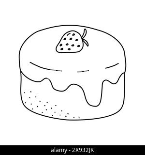 Schwammkuchen beschichtet mit Creme, dekoriert mit Erdbeere, Doodle-Stil flache Vektor-Umrissillustration für Kinder Malbuch Stock Vektor