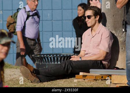 Jake Gyllenhaal wurde auf dem Bürgersteig von Venedig während des Sets von Nightcrawler gesehen Stockfoto