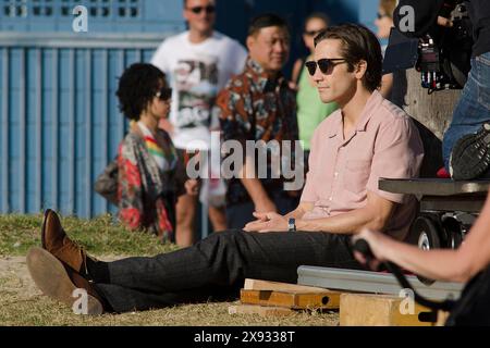 Jake Gyllenhaal wurde auf dem Bürgersteig von Venedig während des Sets von Nightcrawler gesehen Stockfoto