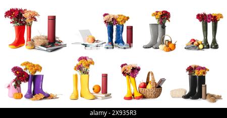 Set Gummistiefel mit Herbstblumen auf weißem Hintergrund Stockfoto