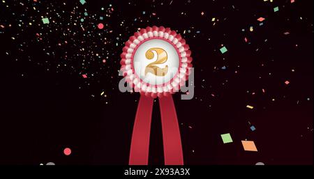 Medaillenbild mit goldener Nummer zwei und rotem Band und Konfetti, die auf schwarzem Hintergrund schweben Stockfoto