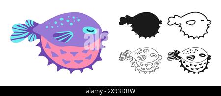 Igel Fisch Zeichentrickschilder Set. Seeigel-Tier lustige flache Silhouette für Kinder, lineares Design mit Symbol-Symbol. Einfache, süße Comic-Kunst für Kinder. Meerestier der Unterwasserwelt Vektorillustration Stock Vektor