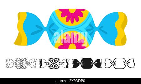 Bonbons mit Ornament umwickelt Schild Set. Süßigkeiten Bonbon Lutscher Schokolade, Karamell Süßigkeiten Snack flache Silhouette, ikonisches lineares Design. Simple Symbol leckeres Zuckerdessert Essen. Gewickelter, leckerer Karamell-Vektor Stock Vektor