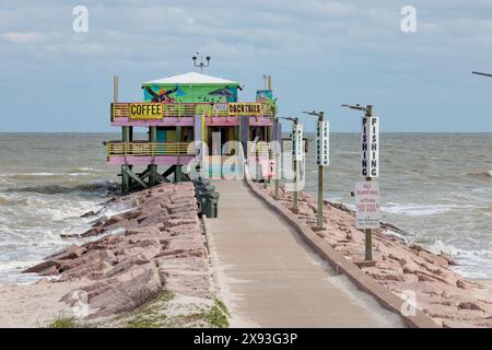 Pelicans und The Shark Bar am 61st Street Fishing Pier an der Texas Gulf Coast in Galveston, Texas Stockfoto