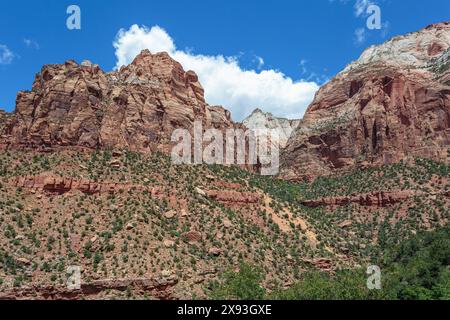 Zerklüftete Berge mit verschiedenen Geologien im Zion-Nationalpark, Utah Stockfoto