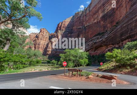 Eintritt zum Weeping Rock Trailhead Area vom Zion Canyon Scenic Drive im Zion National Park, Utah Stockfoto