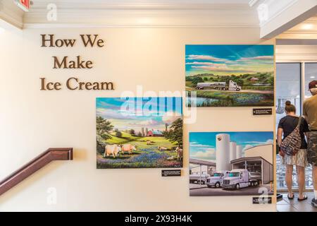 Ausstellung an der Wand des Blue Bell Creameries Country Store and Ice Cream Parlor in Sylacauga, Alabama Stockfoto