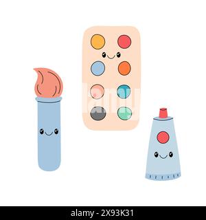 Art liefert Vektorillustrationen Set. Aquarelle, Farben, Pinsel. Niedliche lächelnde Charaktere im lustigen Doodle-Stil. Stock Vektor