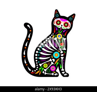 Mexikanisches Katzentier-Tattoo. Isolierter Cartoon-Vektor-Tag der Toten, DIA de los muertos Katzenkatze Haustier Zuckerschädel. Lebendige, stilisierte Katze mit bunten Blumenmustern und Skelettdetails Stock Vektor
