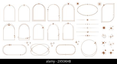 Himmelsrahmen, Bogen und Rand, y2k-Vektor-Bögen, Formen, Trennwände mit Sternen, Monden, Funken und Funken. Goldene lineare Boho-Rahmen in trendigem, modernem, minimalistischem, magischem Stil Stock Vektor