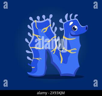 Meerestiere in Unterwasser-Schrift, Buchstabe N als Seepferdchen-Zeichentrickfigur, Vektor-Unterwasser-Alphabet. Sea Animals Schriftart oder Ocean ABC Schriftart mit lustigem Seepferd in Buchstabe N für Kinder tropische Unterwasserart Stock Vektor