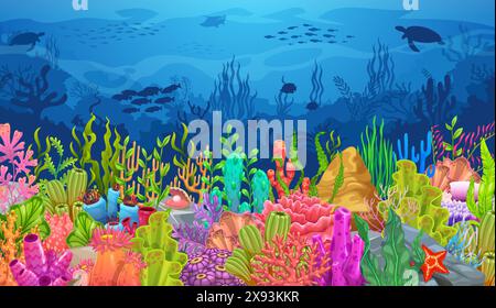 Algen Algen Unterwasserlandschaft. Vektor-Wasserszene mit verschiedenen bunten Korallenarten, Fischschwärmen und üppigen Wasserpflanzen, die Meeresfauna, Meeresschutz, Ökologie oder Wildnis zeigen Stock Vektor