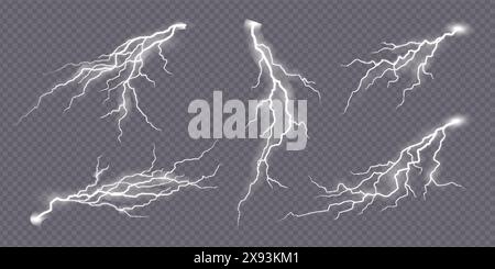 Blitzschlag Blitzschlag, Gewitter elektrischer Funke des Blitzes, realistischer Vektor. Blitzladung durch Blitzlicht oder Blitzfunken auf transparentem Hintergrund Stock Vektor