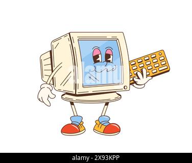 Cartoon-groovige Computermonitor-Figur. Vector pc-Figur in verspielter Pose mit Tastatur in Händen, die den nostalgischen Charme von Vintage-Elektronik mit blauem Bildschirm und ausdrucksstarkem Gesicht einfängt Stock Vektor