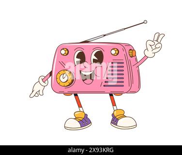 Cartoon-groovige Radioempfängerfigur. Isolierte Vektor-Vintage-Technologie-Persönlichkeit mit nostalgischen 60er-Vibes, funky Accessoire, das lebendige und fröhliche Energie ausstrahlt. Fröhliches Radio mit Lächeln und Antennen Stock Vektor