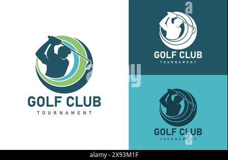 Logo für Golfclub-Turnier. Das Logo zeigt einen Mann, der einen Golfschläger und einen Ball hält. Das Logo ist blau und grün und kreisförmig Stock Vektor