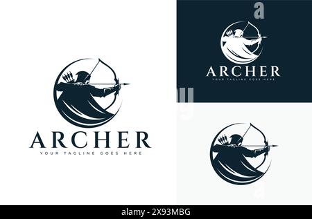 Archer-Logo mit einem Mann, der Pfeil und Bogen hält. Das Logo ist blau und weiß. Das Logo ist für eine Firma, die Bogenschießausrüstung verkauft Stock Vektor