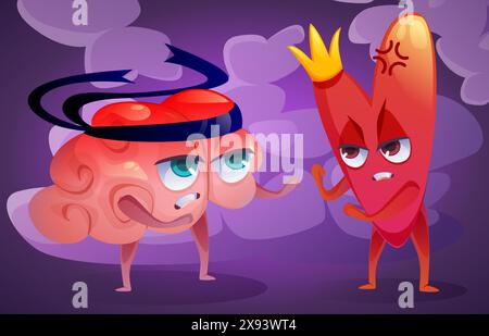 Herz-Geist-Beziehungen und Verbindungskonzept. Menschliche Organe, Zeichentrickfiguren kämpfen. Gehirn und Herz kämpfen um Intelligenz und Emotionshaushalt. Vektorillustration von Gefühl und Rationalität. Stock Vektor