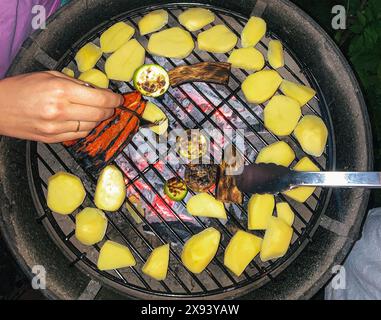 Geröstetes Gemüse auf dem Grill. Männliche Hand mit Schweinefleisch. Kartoffeln, Zucchini, Pfeffer. Hochwertige Fotos Stockfoto