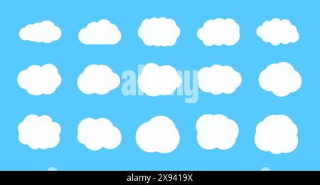 Wolke festgelegt. Wolken isoliert auf blauer Himmelsvektorsammlung. Weiße Wolken isoliert auf hellblauem Hintergrund. Flaches Design. Stockfoto