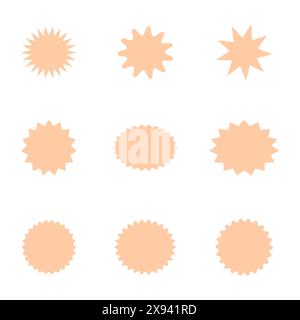 Set starburst Verkaufsaufkleber, Qualitätszeichen, Werbeaufkleber, Preisschilder der Trendfarbe Pfirsich Fuzz, Sonderangebot Explosion Silhouetten. Flacher Vektor Abb. Stockfoto