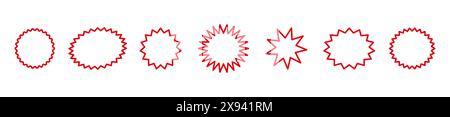 Setzen Sie einen roten Stern. Sternvektorsymbole. Starburst-Aufkleber. Sternsymbole. Gütezeichen, Werbeaufkleber, Preisschilder. Sonderangebot Explosionssilhouetten. Stockfoto