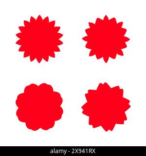 Niedliches rotes Verkaufsschild. Rotes Starburst-Set, Bestseller-Aufkleber, Gütesiegel, Werbeaufkleber, Preisschild, Sonderangebot. Abbildung des flachen Vektors Isolieren Stockfoto
