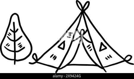 Ein Zelt mit Tür und Fenster. Das Zelt ist schwarz-weiß. Das Zelt ist ein Symbol für Abenteuer und Entdeckungen Stock Vektor