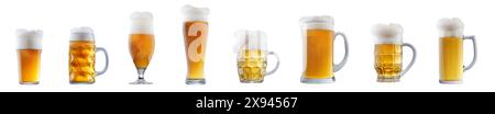 Set von Biercocktails mit Schaum in verschiedenen Gläsern und Tassen isoliert auf weißem Hintergrund. Stockfoto