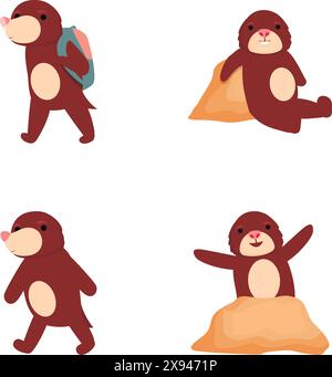 Cartoon Maulwurf Icons setzen Cartoon Vektor. Niedlicher Mole-Charakter. Lustiges Tier Stock Vektor